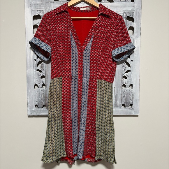 ALICE + OLIVIA Abelia Red Mixed Pattern Mini Collared Button Down Shirt Dress - Picture 4 of 11